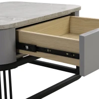 Set di 2 Tavolini da Salotto Impilabili con Piano in Marmo Lucido e Vetro, Struttura in Metallo e Cassetti, 60x60x42 cm + 50x50x34 cm, Nero(m-10)