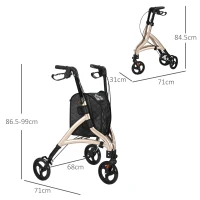 HOMCOM 3 Wheel Rollator, Lightweight Aluminium Tri Walker with Adjustable Handle, Storage Bag and Dual Brakes, Folding Mobility Walking Aid for Elderly, Handicapped, 5.3kg, Gold Tone(m-3)