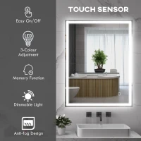 kleankin Bathroom Mirror with LED Lights, Illuminated Makeup Mirror with 3 Colours, Defogging Film and Memory Function, Hardwired, Horizontal or Vertical, 90 x 70 cm(m-4)