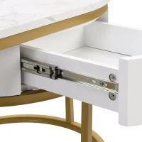 Tavolino da Salotto Moderno Ovale in Marmo con Struttura in Ferro Dorato, Dotato di Cassetti e Ripiani, Maniglie Dorate, 100x50x45 cm, Bianco(m-10)
