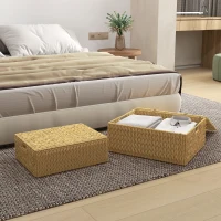 HOMCOM Lot de 2 boites de rangement en jacinthe d'eau avec couvercle et poignées 2 tailles différentes design bohème naturel(m-2)