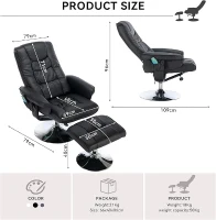 PU Massage Chair with Ottoman Foot Stool, Heating Points, Ergonomic Backrest, Base Adjustable Swivel Lounger Chair, 79x79x106 cm, Black(m-3)