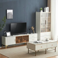 Ensemble de salon lumineux de style luxueux avec meuble TV, table basse et vitrine en marbre, adapté aux téléviseurs jusqu'à 70 pouces, Blanc(m-5)