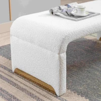 Boucle Fabric Foot Stool Pouffe with Gold Metal Legs, 110x50x41 cm, Ivory(m-5)