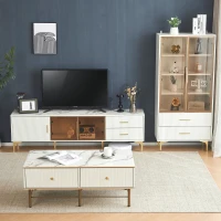 Ensemble de salon lumineux de style luxueux avec meuble TV, table basse et vitrine en marbre, adapté aux téléviseurs jusqu'à 70 pouces, Blanc(m-1)