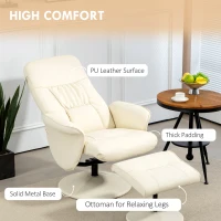 HOMCOM Swivel Recliner Chair with Footstool, PU Leather Armchair and Ottoman with High Back and Round Base for Living Room, Cream White(m-6)