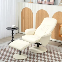 HOMCOM Swivel Recliner Chair with Footstool, PU Leather Armchair and Ottoman with High Back and Round Base for Living Room, Cream White(m-10)