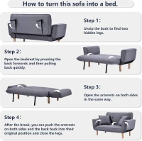 Expandable 2 Seater Bed Settee with 3 Adjustable Positions, Easy Assembly, Modern Fabric Loveseat for Flats, Dormitories, 125x61x70 cm, Grey(m-4)