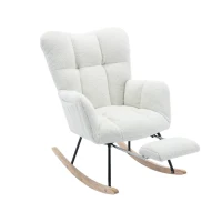 Teddy Fabric Upholstered Rocking Chair with Pull-out Footrest, Ergonomic Backrest, Modern rocker for Reading, Relaxing, 80x70x95 cm, White(m-2)