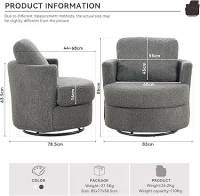 Chenille Swivel Recliner with Back Cushion, Thick Foam Pad, 360° Rotation, 78.5x83x86 cm, Light Grey(m-3)