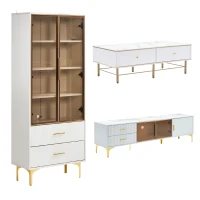 Ensemble de salon lumineux de style luxueux avec meuble TV, table basse et vitrine en marbre, adapté aux téléviseurs jusqu'à 70 pouces, Blanc(m-2)