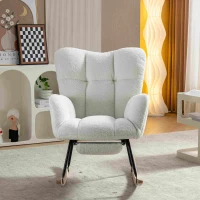 Teddy Fabric Upholstered Rocking Chair with Pull-out Footrest, Ergonomic Backrest, Modern rocker for Reading, Relaxing, 80x70x95 cm, White(m-4)