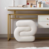 Velvet Pouffe Stool with S-Shape Wavy Design, Ivory