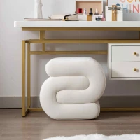Velvet Pouffe Stool with S-Shape Wavy Design, No Assembly Required, Easy maintenance, 50×46×46 cm, Ivory(m-1)