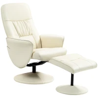 HOMCOM Swivel Recliner Chair with Footstool, PU Leather Armchair and Ottoman with High Back and Round Base for Living Room, Cream White(m-1)