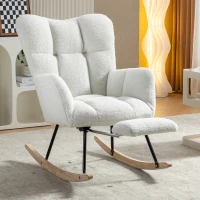 Teddy Fabric Upholstered Rocking Chair with Pull-out Footrest, Ergonomic Backrest, Modern rocker for Reading, Relaxing, 80x70x95 cm, White(m-1)