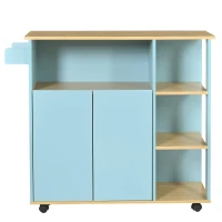 Moderner minimalistischer Küchenwagen mit Holzregalen und 360° drehbaren Rollen, Küchenmöbel für Mikrowelle, Blau(m-8)