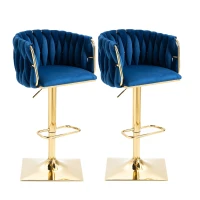 2 Tabourets de bar style art déco avec dossier et repose-pieds, chaise haute hauteur d'assise réglable pivotant 360°, Bleu(m-2)