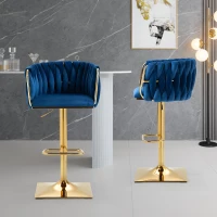 2 Tabourets de bar style art déco avec dossier et repose-pieds, chaise haute hauteur d'assise réglable pivotant 360°, Bleu(m-1)