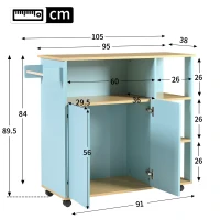 Moderner minimalistischer Küchenwagen mit Holzregalen und 360° drehbaren Rollen, Küchenmöbel für Mikrowelle, Blau(m-3)