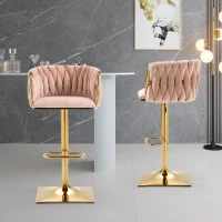 2 Tabourets de bar style art déco avec dossier et repose-pieds, chaise haute hauteur d'assise réglable pivotant 360°, Rose(m-1)