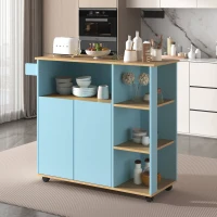 Moderner minimalistischer Küchenwagen mit Holzregalen und 360° drehbaren Rollen, Küchenmöbel für Mikrowelle, Blau(m-4)