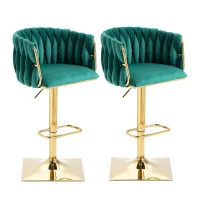 2 Tabourets de bar style art déco avec dossier et repose-pieds, chaise haute hauteur d'assise réglable pivotant 360°, Vert(m-2)