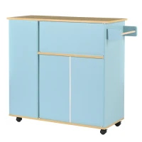 Moderner minimalistischer Küchenwagen mit Holzregalen und 360° drehbaren Rollen, Küchenmöbel für Mikrowelle, Blau(m-10)