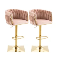 2 Tabourets de bar style art déco avec dossier et repose-pieds, chaise haute hauteur d'assise réglable pivotant 360°, Rose(m-2)