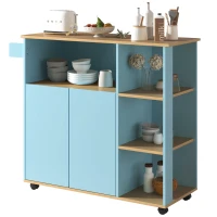 Moderner minimalistischer Küchenwagen mit Holzregalen und 360° drehbaren Rollen, Küchenmöbel für Mikrowelle, Blau(m-9)