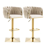 2 Tabourets de bar style art déco avec dossier et repose-pieds, chaise haute hauteur d'assise réglable pivotant 360°, Ivoire(m-2)