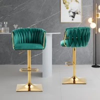 Höhenverstellbarer Barhocker mit Art-déco Design, 360° Drehbar, Smaragdgrün Samt Sitzfläche, Gold Beine(m-2)