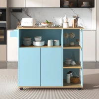 Moderner minimalistischer Küchenwagen mit Holzregalen und 360° drehbaren Rollen, Küchenmöbel für Mikrowelle, Blau(m-1)