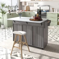 Carrello da Cucina Multifunzione con Tavolo Ribaltabile, Ripiani Interni e 5 Ruote, 2 Cassetti e Mobiletto Salvaspazio, 129x71x91,5 cm, Grigio(m-5)