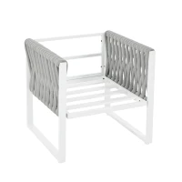 Salon de Jardin Moderne en Fer Zingué et Corde avec Coussins, Composé d'un Canapé Double, Deux Fauteuils et une Table WPC, Pieds Réglables, Blanc+gris(m-10)
