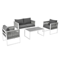 Salon de Jardin Moderne en Fer Zingué et Corde avec Coussins, Composé d'un Canapé Double, Deux Fauteuils et une Table WPC, Pieds Réglables, Blanc+gris(m-2)