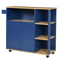 Chariot de Rangement Cuisine Minimaliste Moderne avec Étagères Ouvertes et Roues Pivotantes à 360°, avec Plateau en Bois Veiné, Bleu Marine(m-5)