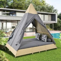 Salon de jardin en rotin avec tente, adapté pour 2 à 4 personnes, avec coussins amovibles et lavables, Gris(m-1)