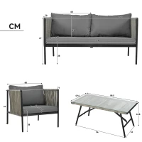Salon de Jardin Moderne en Rotin PE et Acier Galvanisé, Canapé 2 Places, 2 Fauteuils et une Table avec Plateau en Verre, Coussins Inclus, Gris(m-3)