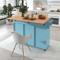 Carrello da Cucina Multifunzionale con Tavolo Ribaltabile, Ripiani Regolabili e Cassetti, su 5 Ruote, 129x71x91,5 cm - Mobiletto da Cucina, Blu+Giallo(m-5)