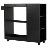 Chariot de Rangement Cuisine Multifonctionnel avec Étagères Ouvertes, Porte-Serviettes en Bois et 4 Roues Silencieuses, avec Frein, Noir(m-9)