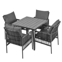 Ensemble Repas Jardin en PE-Rattan et Fer Zingué, 5 Pièces : 4 Chaises avec Coussins Inclus et 1 Table , Table avec Plateau en WPC, Gris(m-12)