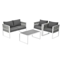 Salon de Jardin Moderne en Fer Zingué et Corde avec Coussins, Composé d'un Canapé Double, Deux Fauteuils et une Table WPC, Pieds Réglables, Blanc+gris(m-12)