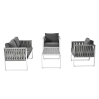 Salon de Jardin Moderne en Fer Zingué et Corde avec Coussins, Composé d'un Canapé Double, Deux Fauteuils et une Table WPC, Pieds Réglables, Blanc+gris(m-11)