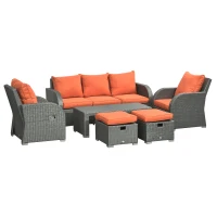 Outsunny Six-piece Outdoor Rattan Dining Set, with Reclining Armchairs - Orange(m-1)