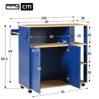 Chariot de Rangement Cuisine Minimaliste Moderne avec Étagères Ouvertes et Roues Pivotantes à 360°, avec Plateau en Bois Veiné, Bleu Marine(m-3)
