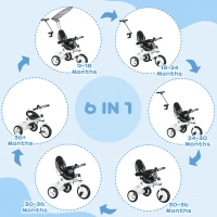HOMCOM 6 in 1 Tricycle for Kids with 5-point harness straps, Removable Canopy, White(m-4)