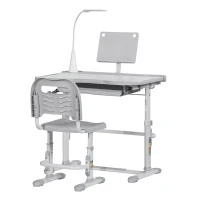 HOMCOM Conjunto de Secretária e Cadeira para Crianças com Altura Ajustável Lâmpada LED 80x49,5x80-105 cm e 36x34x60-73 cm Cinza(m-11)