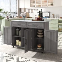 Carrello da Cucina Multifunzione con Tavolo Ribaltabile, Ripiani Interni e 5 Ruote, 2 Cassetti e Mobiletto Salvaspazio, 129x71x91,5 cm, Grigio(m-4)