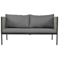 Salon de Jardin Moderne en Rotin PE et Acier Galvanisé, Canapé 2 Places, 2 Fauteuils et une Table avec Plateau en Verre, Coussins Inclus, Gris(m-10)